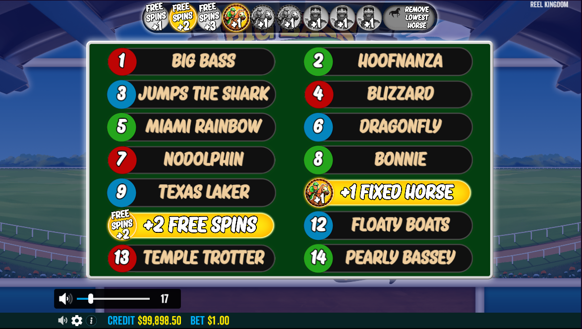 Pragmatic PlayのBig Bass Day at the Racesスロットで、フリースピン前にモディファイアの馬を選ぶ画面 - Flush。