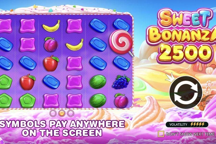 フルーツとキャンディのシンボル、「Symbols Pay Anywhere on Screen」の表示がある、Sweet Bonanza 2500のベースゲームの6x5スキャッターペイグリッド