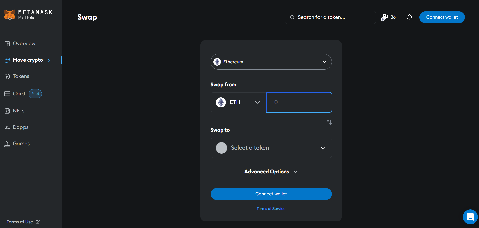 MetaMask portfolio dApp swap feature interface, showcasing Ethereum being swapped for a token in the Web 3 wallet - Flush