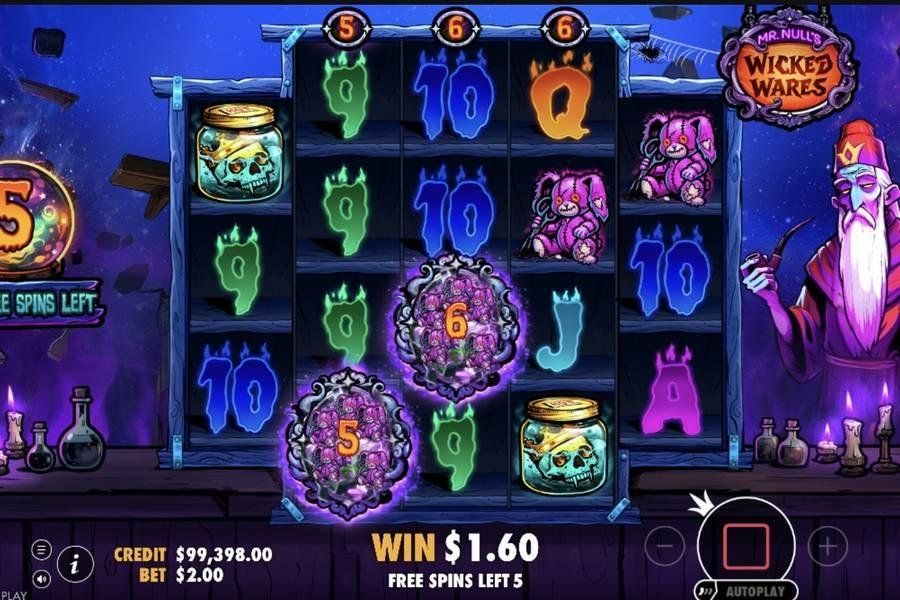 Mr Null's Wicked Wares bonus feature active with free spins, mystery symbols and scatter triggers visible
