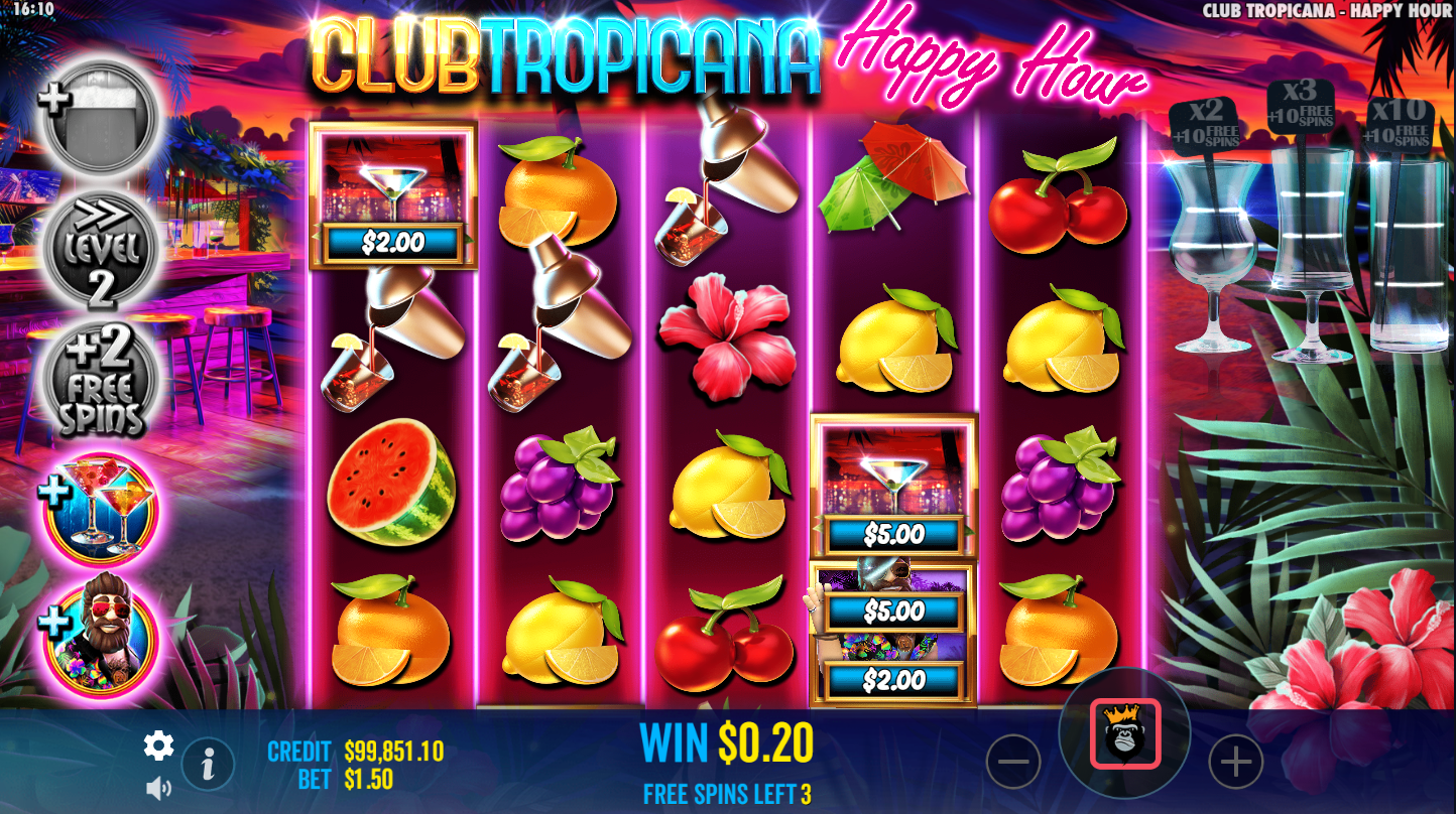 Pragmatic Play의 Club Tropicana Happy Hour 슬롯 프리 스핀 보너스, 멀티플라이어와 칵테일 심볼 - Flush