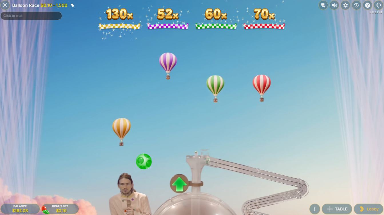 Evolution의 Balloon Race Live 카지노 게임쇼, 공이 풍선 레이스의 우승 색상을 결정하는 최종 보너스 라운드, Flush