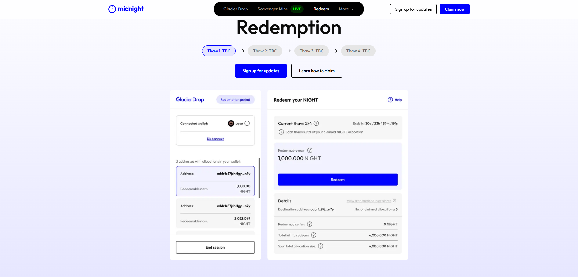 Midnight Network Night Airdrop, Token Redemption page - Flush Casino & Sportsbook