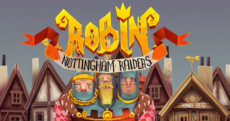 Yggdrasil の Robin Nottingham Raiders スロット、中世の町を背景にゲームロゴの下にジョン王が描かれた画像 - Flush
