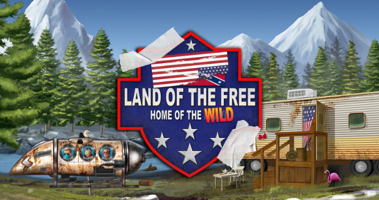 Nolimit City の Land of the Free スロット、トレーラーパークの背景と中央のロゴ - Flush