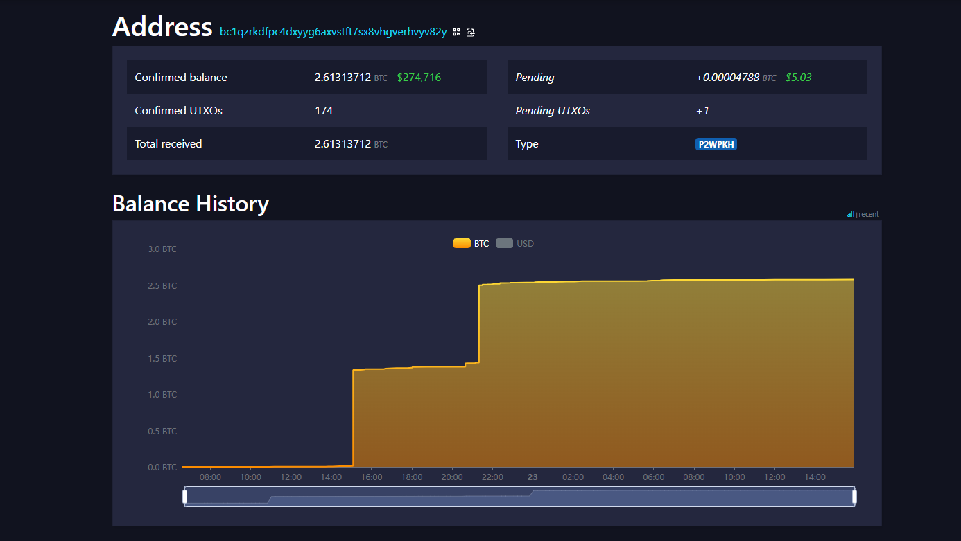 Screenshot of mempool showing freeross.org Bitcoin donation address with over 2.6 BTC donated after Trump pardoned Ulbricht - Flush