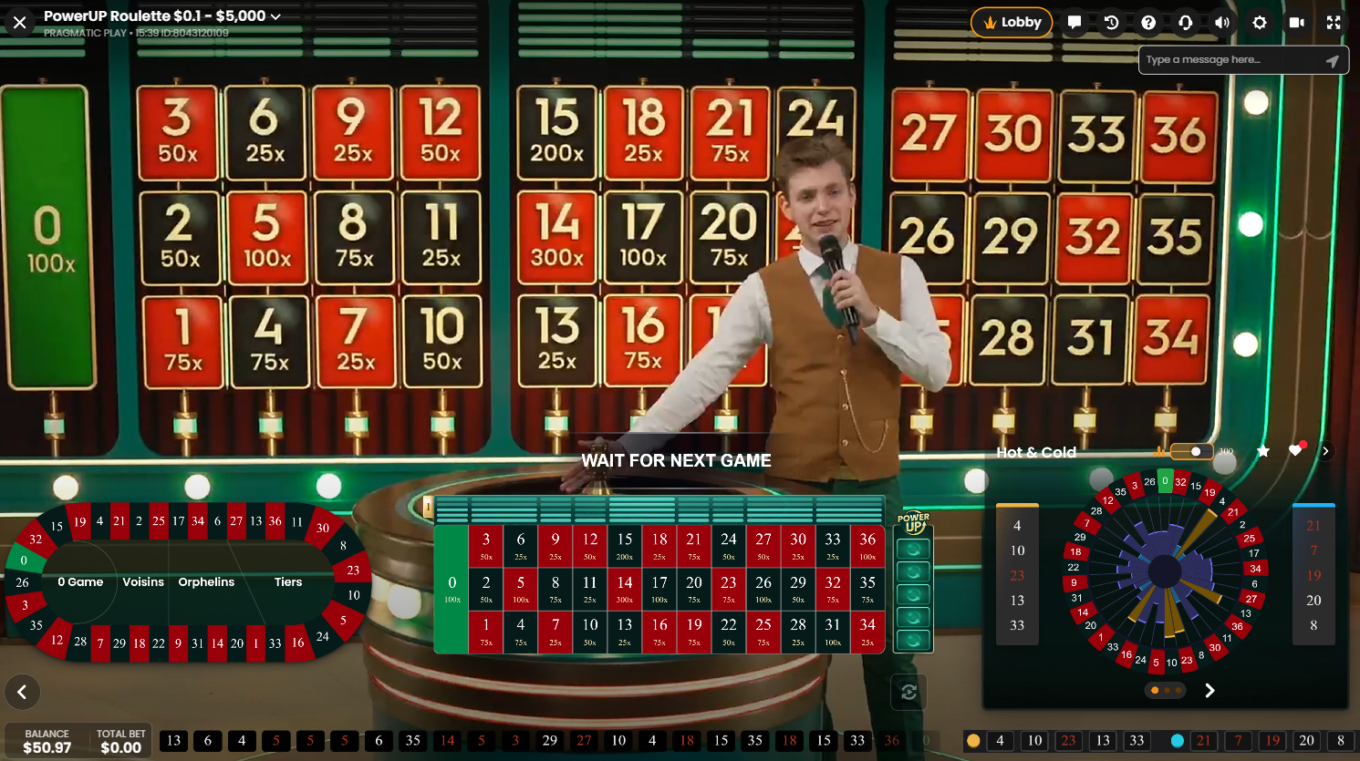 Pragmatic Play LiveのPowerUP Roulette、1回目のPower Up倍率が発表される場面 - Flush