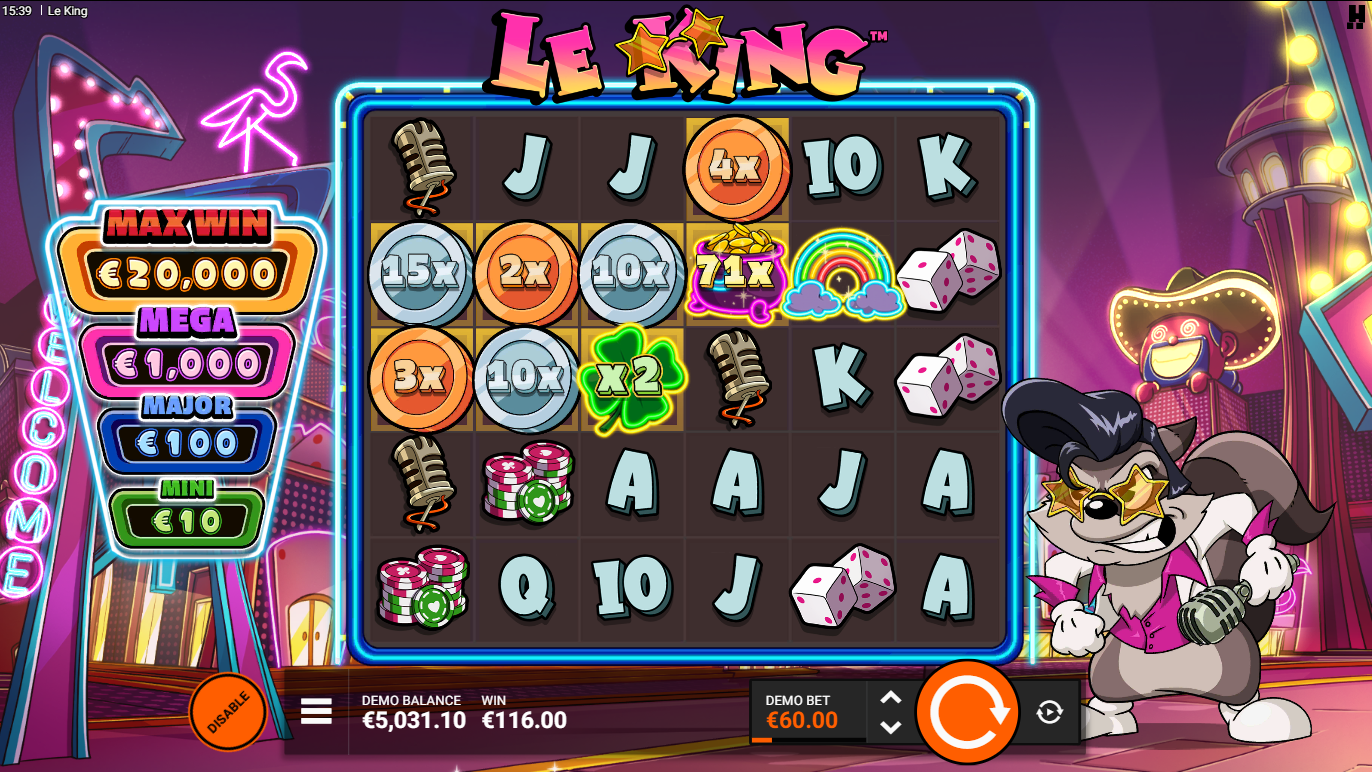 Hacksaw GamingのLe KingスロットのShamrock & Rollフィーチャースピン、リール上のゴールデンスクエア, Flush