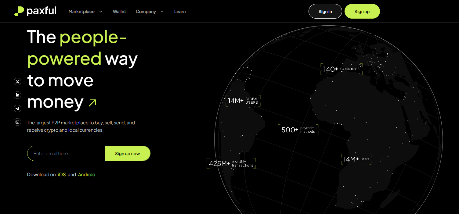 Paxful homepage showcasing 14M users, 500+ payment methods, and a global map highlighting its reach in moving money - Flush.