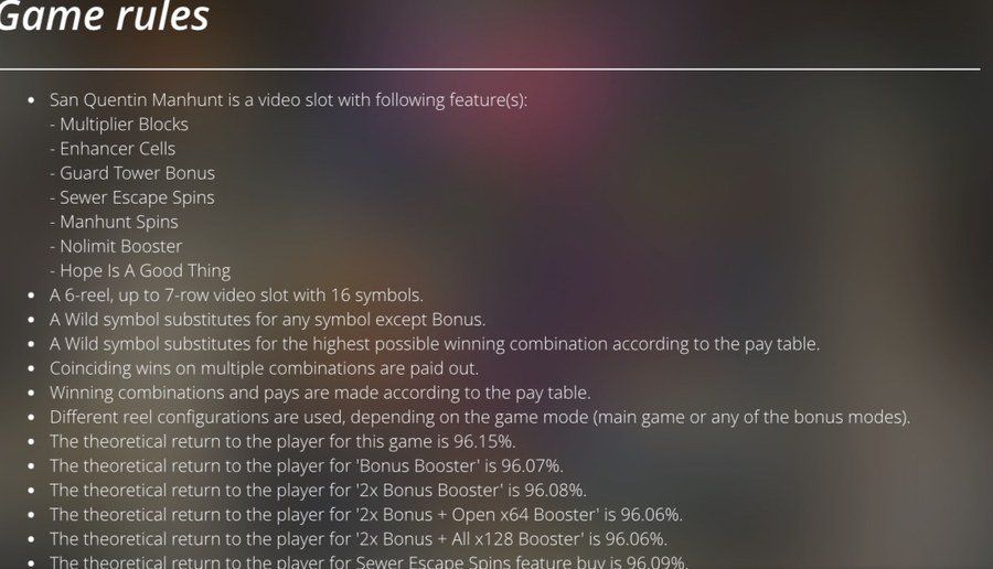 6つの機能モードすべてが記載され、RTP 96.15パーセントとNolimit BoosterのRTPバリアントが確認できるSan Quentin Manhuntのゲームルールパネル