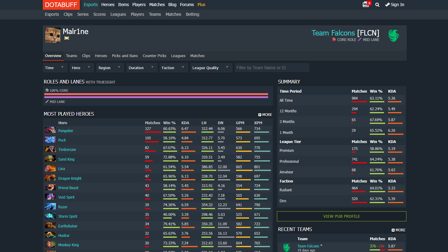 DotaBuff overview of Malr1ne's player stats for Dota 2 betting strategy at Flush Sportsbook