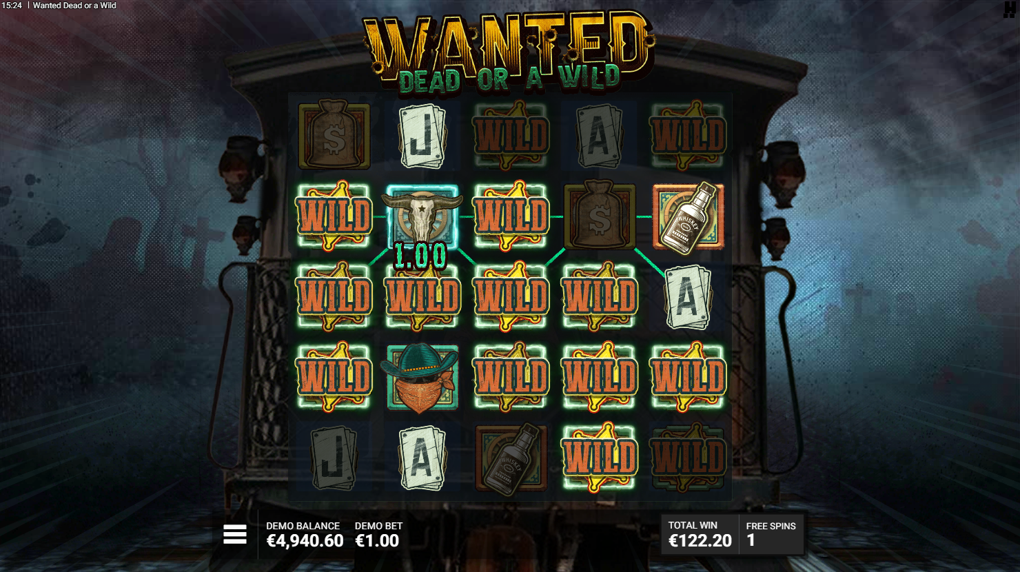 Hacksaw Gaming의 Wanted Dead or a Wild Great Train Robbery 프리 스핀 모드, 여러 개의 스티키 와일드가 있는 릴 - Flush