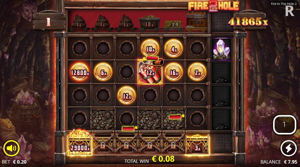 Nolimit CityのオンラインスロットFire in the Hole 2の強化フリースピンで、Crystalアップグレーダーとダイナマイトが表示されている様子 - Flush
