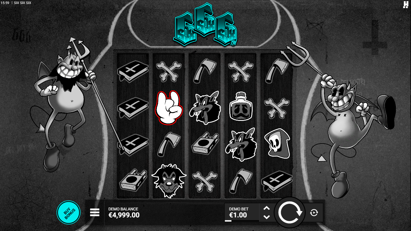 릴 위에 다양한 고배당 및 저배당 심볼이 보이는 Hacksaw Gaming의 Six Six Six 슬롯 기본 게임 - Flush.