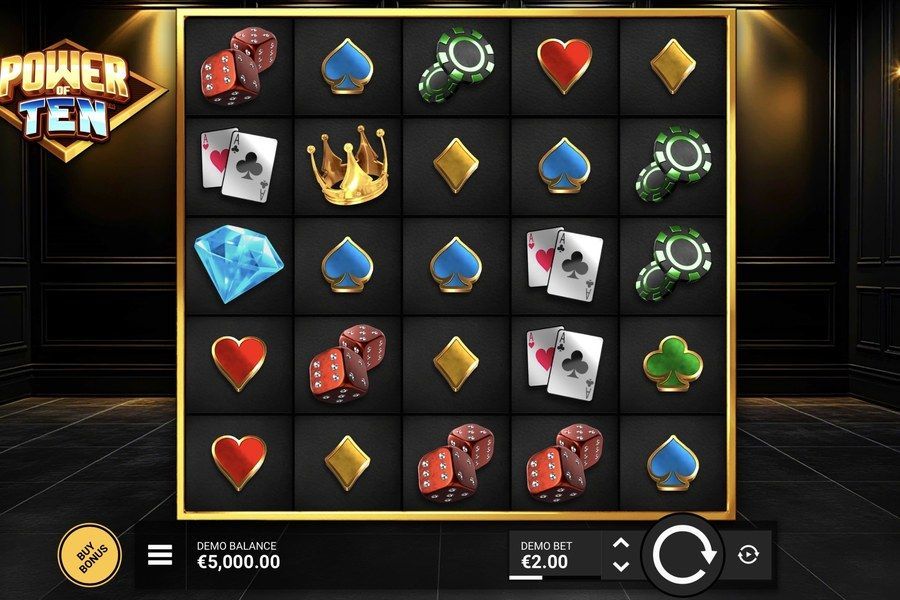 5x5グリッドにカジノシンボルが並び、右側にPower Wheelパネルが表示されたPower of Tenのベースゲーム