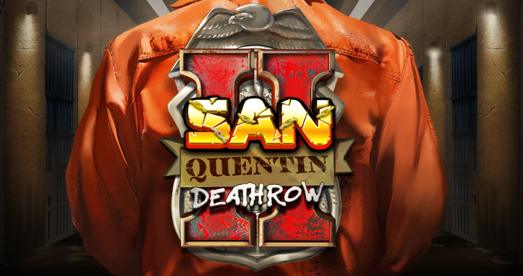 Nolimit City の San Quentin 2: Death Row スロット、オレンジ色の囚人服とゲームロゴ - Flush