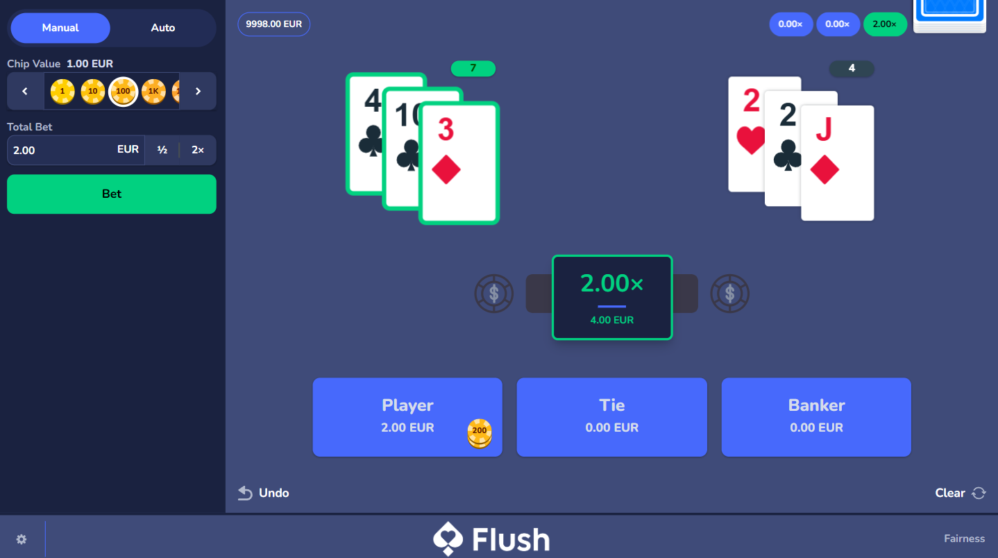 Flush OriginalsのBaccarat。プレイヤー側のハンドが勝った画面。