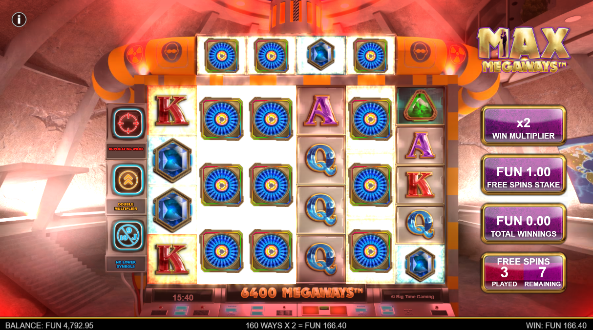 Big Time GamingのMax Megawaysスロットのワイルドと高配当シンボルが登場するフリースピンモード - Flush