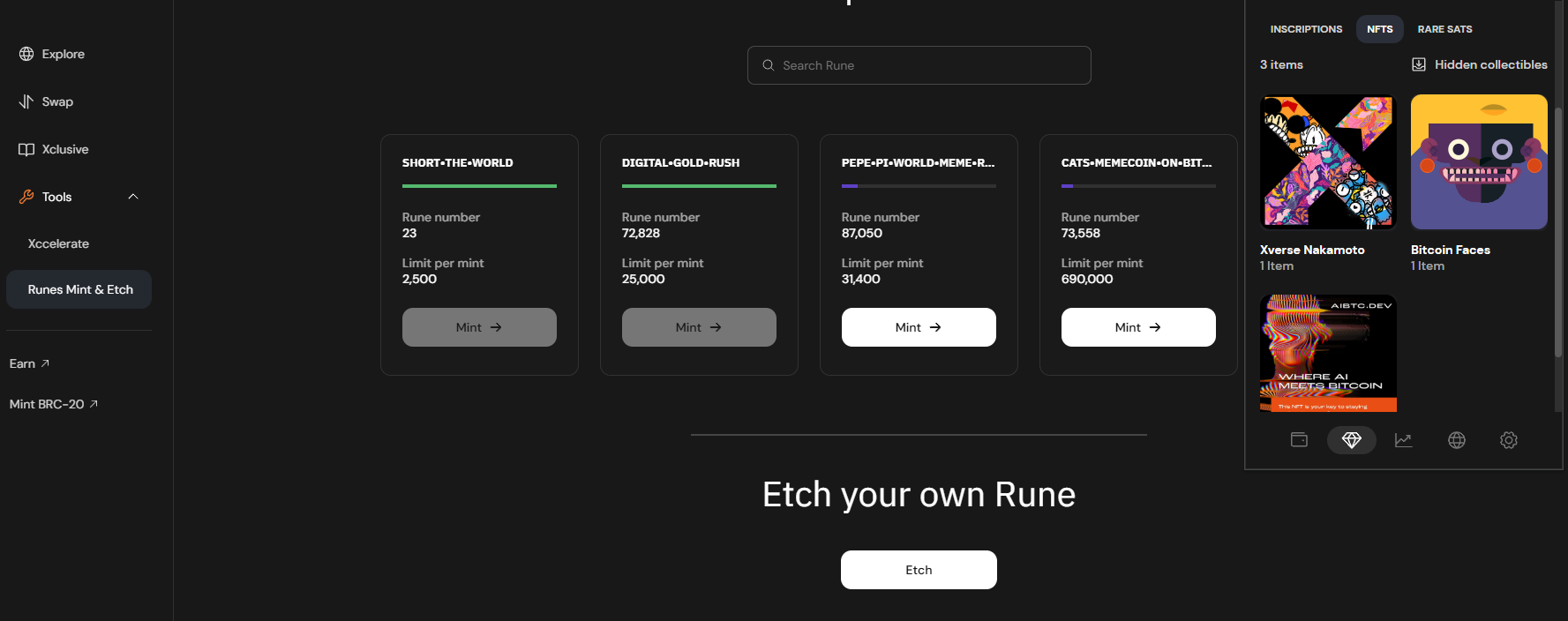 Xverse Wallet view of rune mints and Stacks NFTs in wallet extension, highlighting digital asset capabilities. - Flush