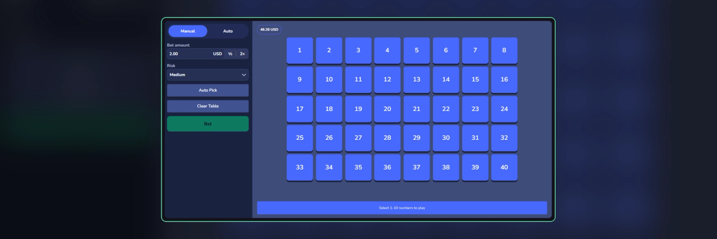 Flush's Keno lets you choose your spot count directly on the number grid before each draw.