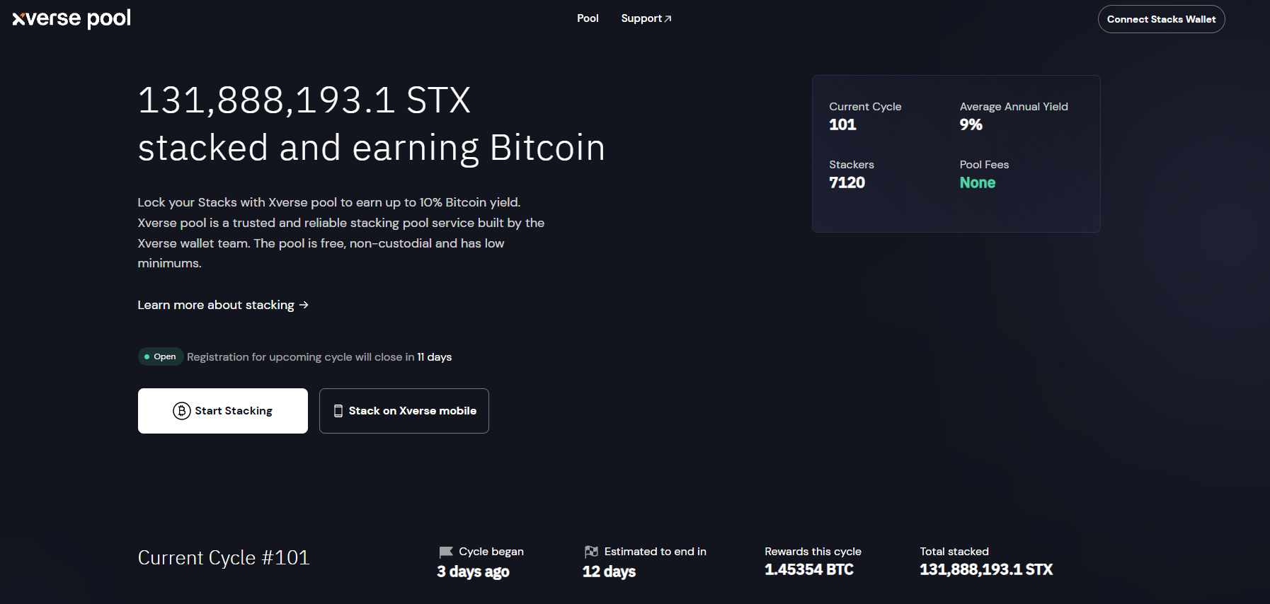 Xverse Pool main page displaying locked STX, stackers count, and average annual yield for Bitcoin rewards. - Flush