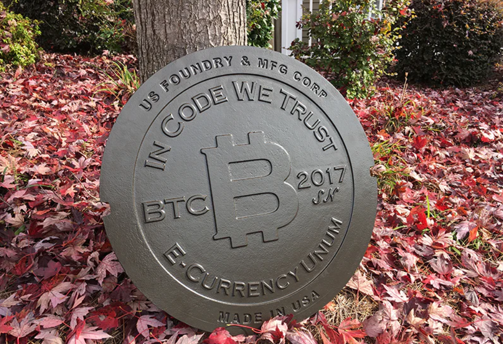 Bitcoin Penny Manhole Cover sculpture placed next to a tree in an outdoor setting - Flush