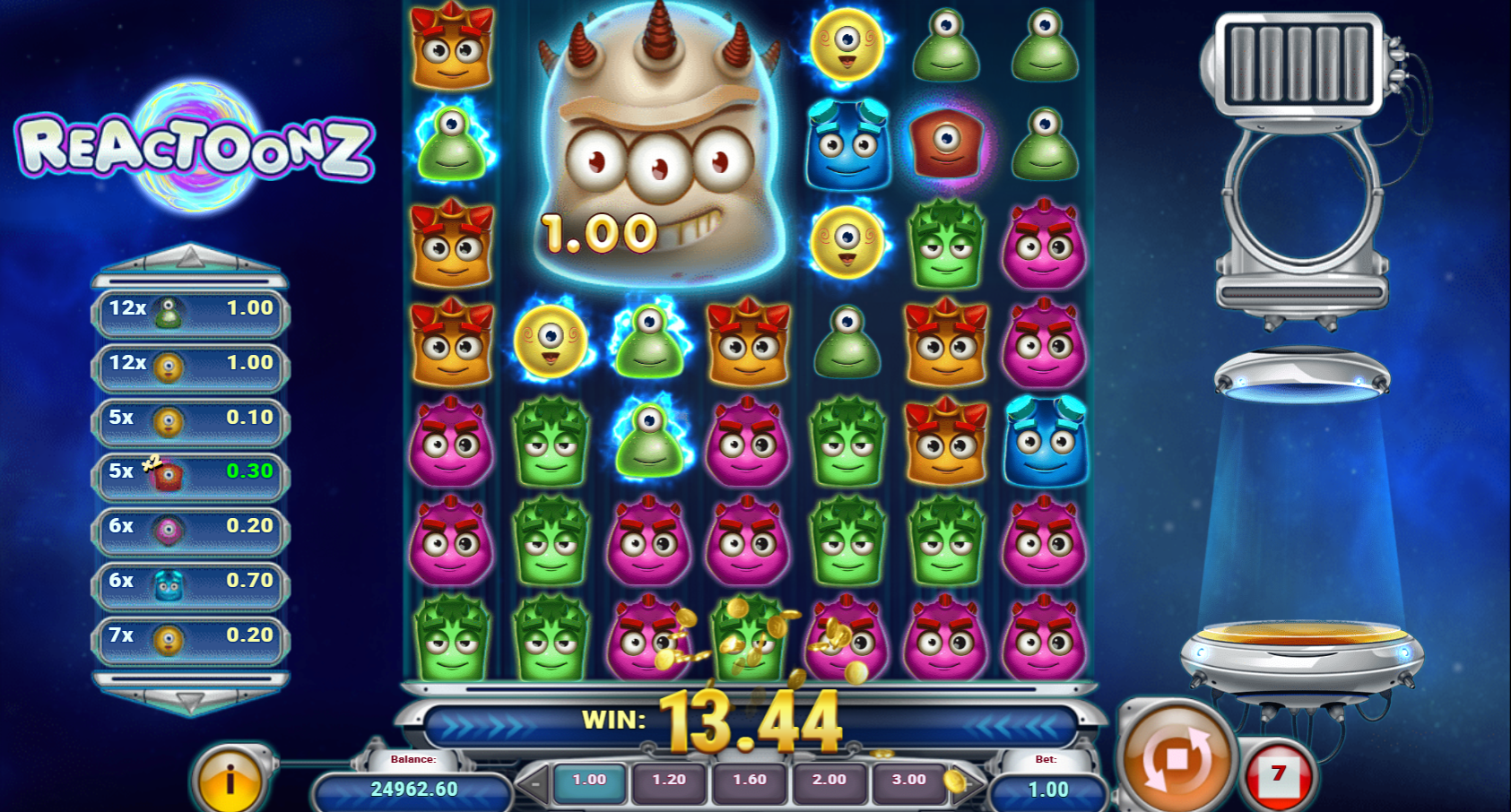 릴 위에서 보너스 기능과 와일드를 발동하는 Gargantoon이 나온 Play’n GO Reactoonz 슬롯, Flush