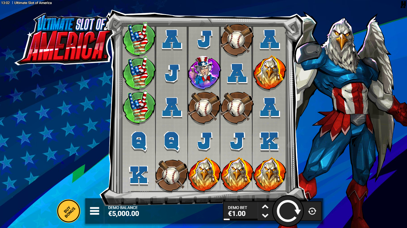 릴 위에 심볼과 독수리 캐릭터가 보이는 Ultimate Slot of America 기본 게임, Hacksaw Gaming, Flush