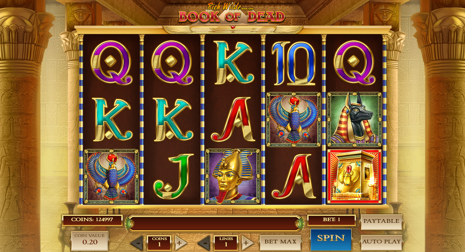 Reels of Book of Dead by Play’n GO featuring high and low-paying symbols in an ancient Egyptian theme - Flush