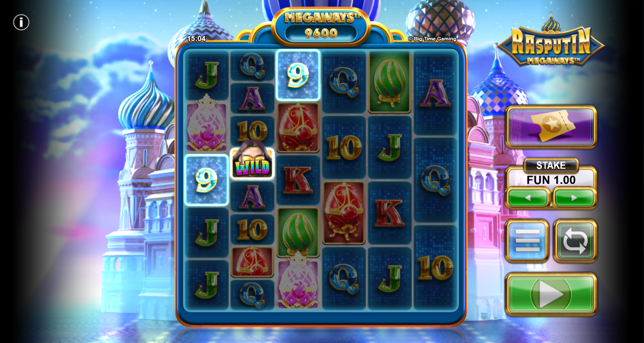 Rasputin Megaways Slot by Big Time Gamingのベースゲーム画面:リールとロシアをテーマにしたシンボル - Flush