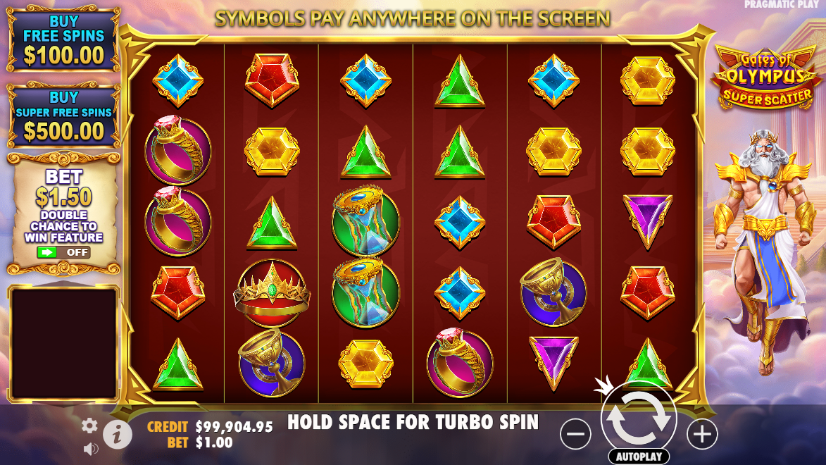 Pragmatic PlayのGates of Olympus Super Scatterスロットのベースゲームとシンボル - Flush