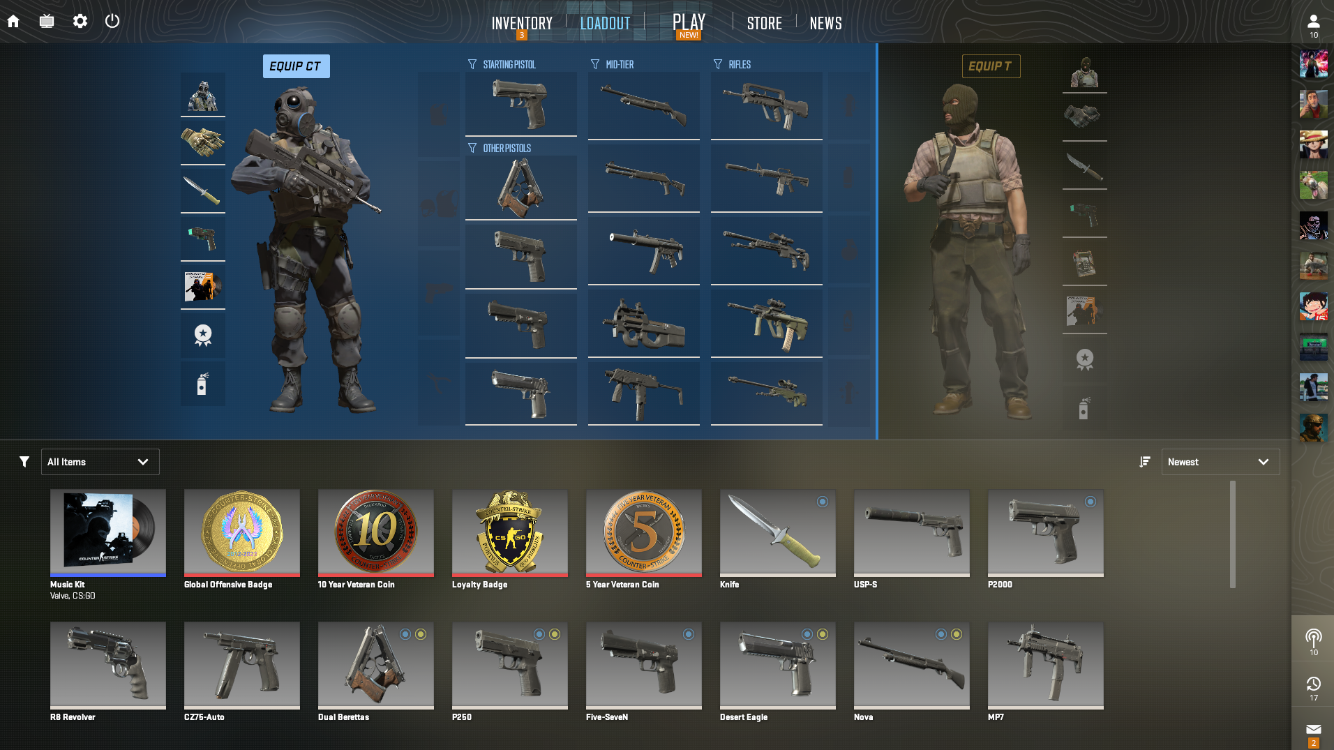 CS2 loadout screen displaying weapons, equipment, and skins for e-sports players and strategic betting - Flush