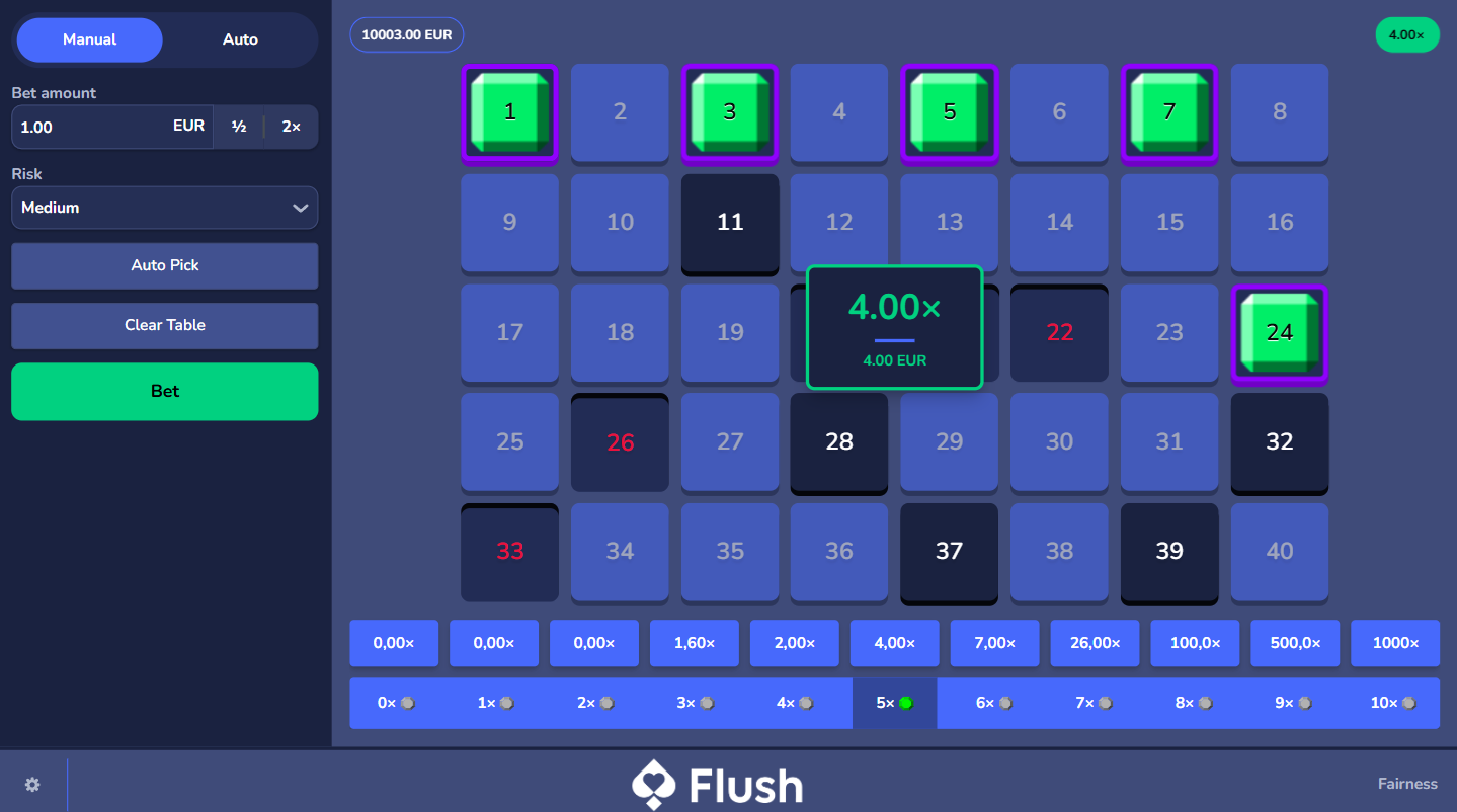 Flush CasinoのKeno。数字が一致して4倍の勝ちとなった画面。