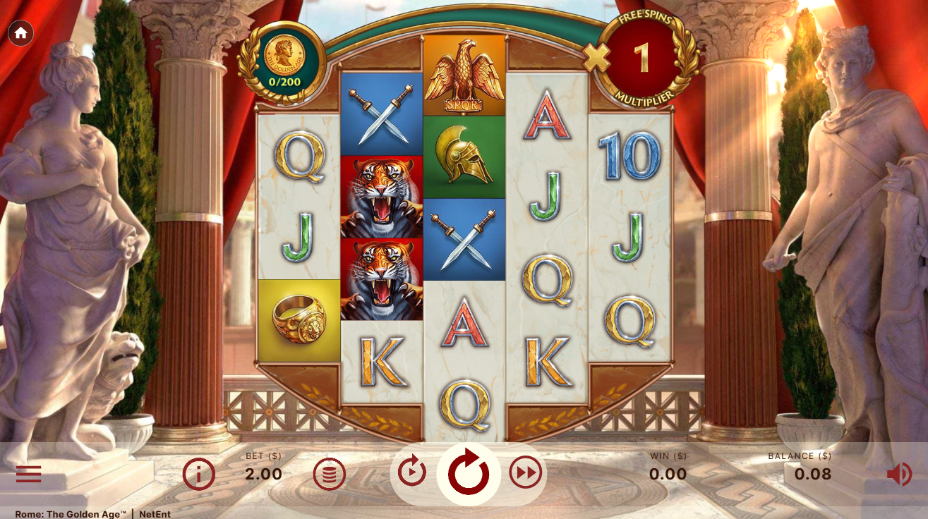 NetEntのRome: The Golden Ageスロットのメインゲーム画面。リール上にさまざまな低配当・高配当シンボルが並んでいる。 - Flush