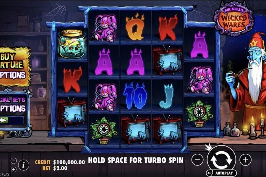 Mr Null's Wicked Wares base game 3-4-4-4-3 grid with 576 ways and symbols stacked on the reels at Flush