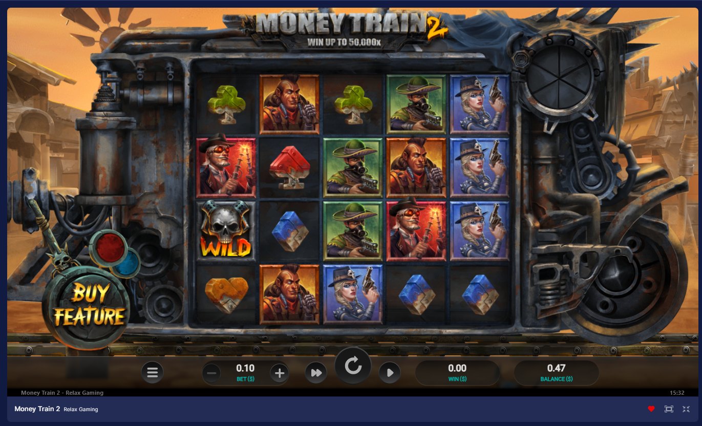 Relax GamingのMoney Train 2スロットゲーム。西部の町の機関車上のリールに、トランプとガンマンのシンボルが並ぶ - Flush