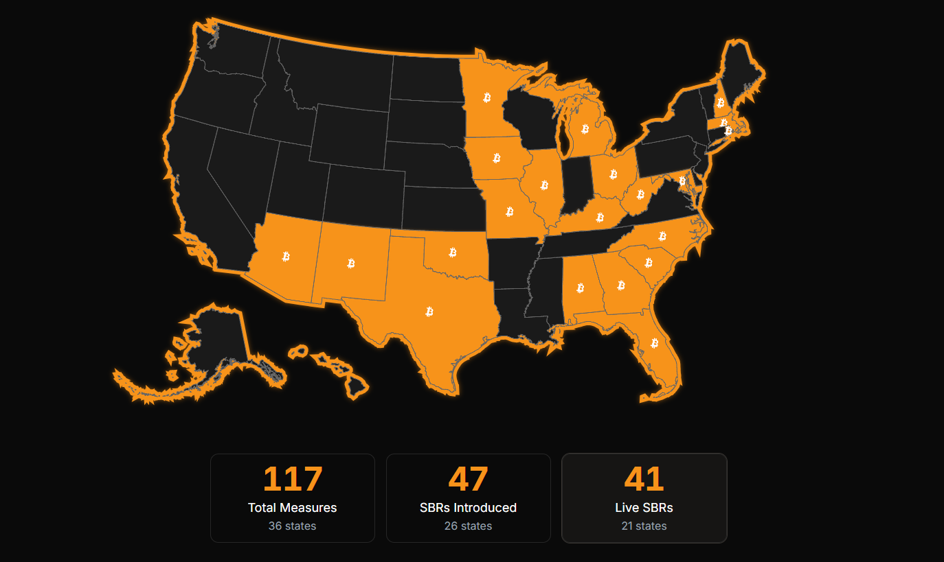 US map showing state progress on Bitcoin Strategic Reserves (proposed, considered, voted, enacted). Bitcoinlaws.io. - Flush