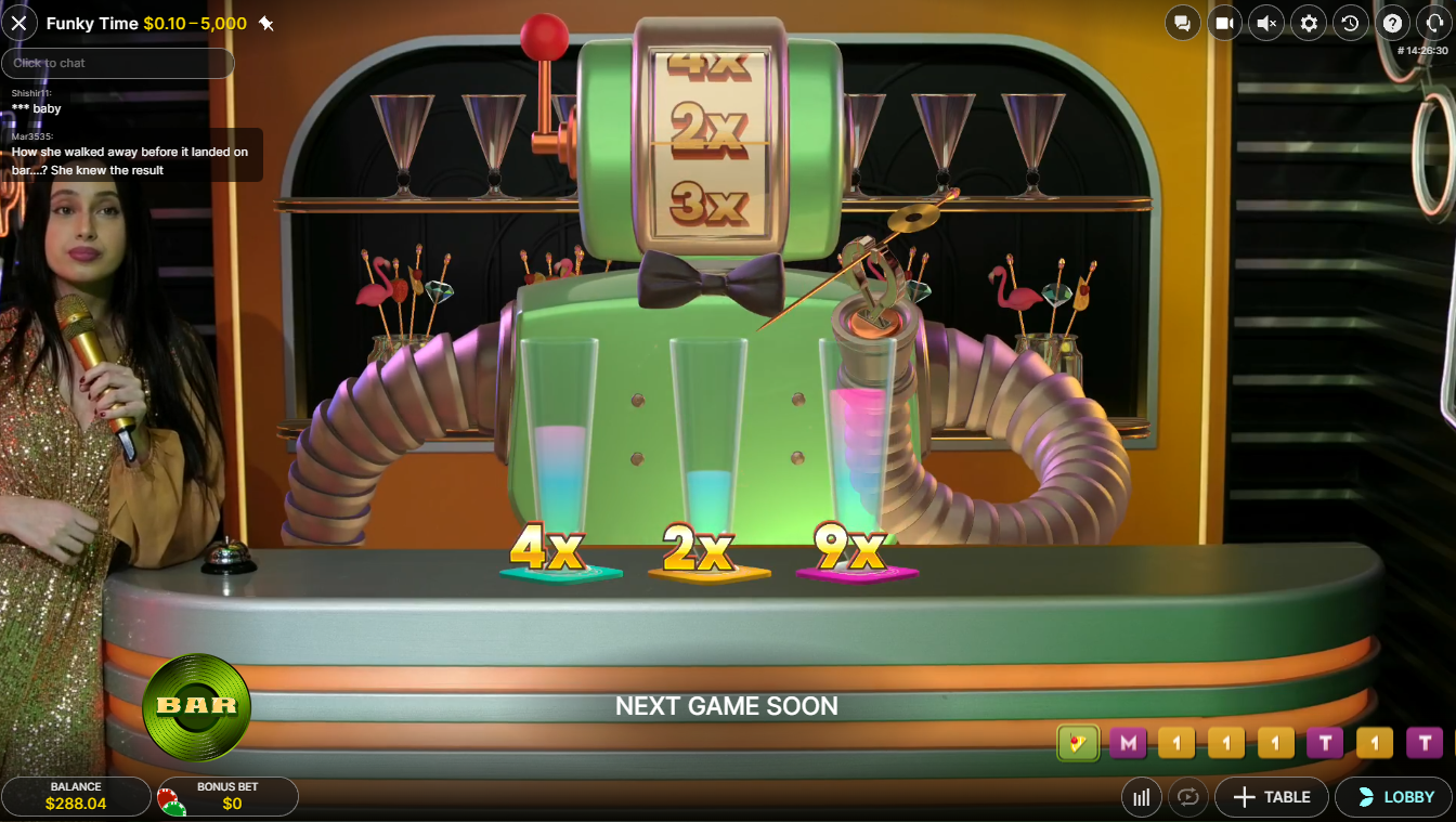 EvolutionのFunky Time Live。ロボットバーテンダーと3つのカクテルグラスが登場するBarボーナスゲーム - Flush