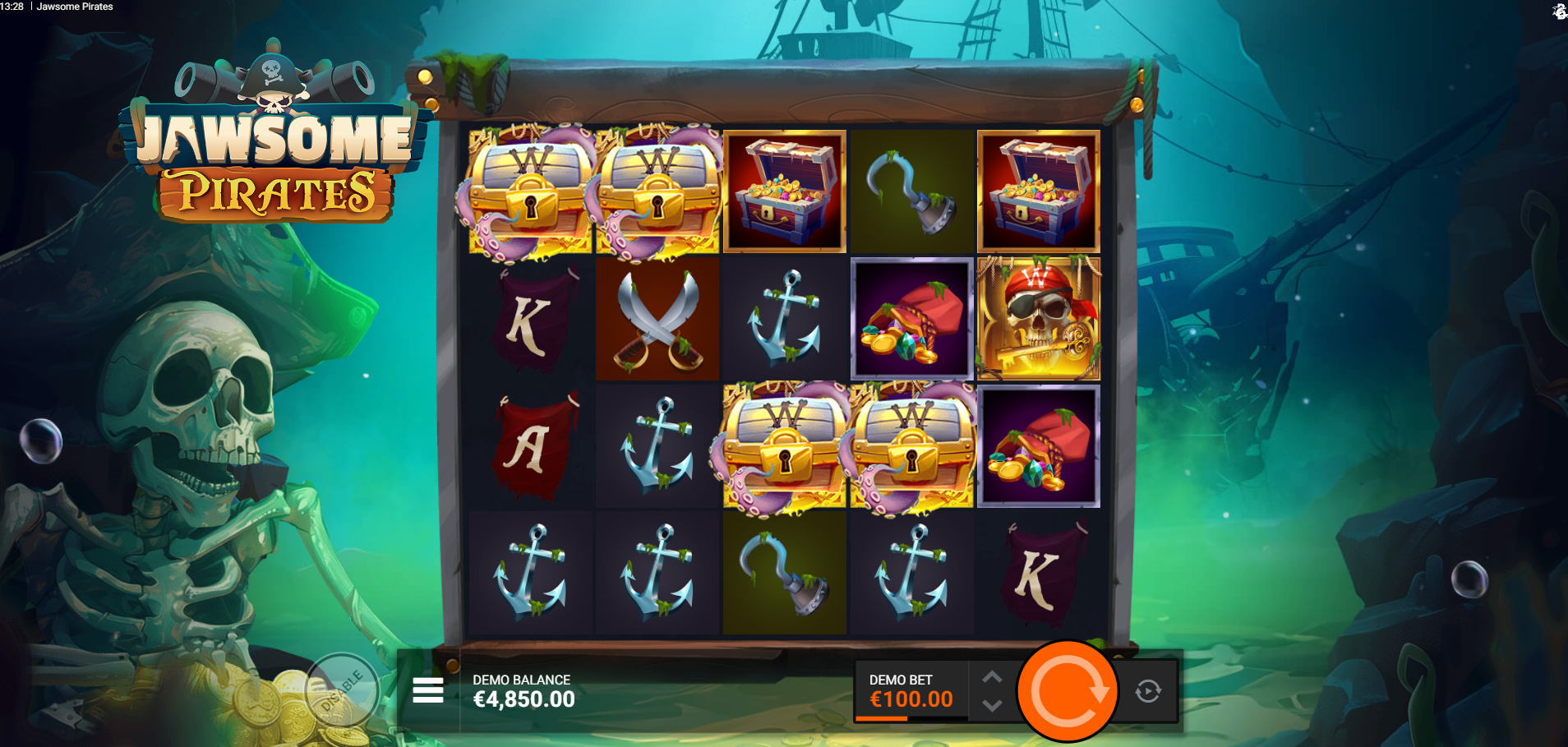 Hacksaw GamingのJawsome Piratesスロットのリール、Mystic Chest、Collector Wild、海底の背景 - Flush
