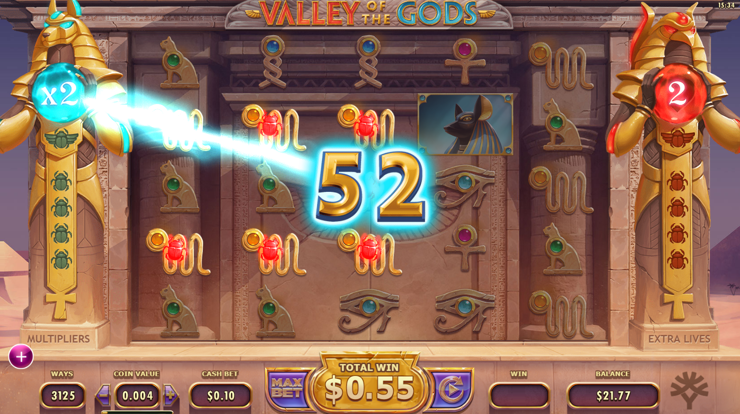 YggdrasilのValley of the Godsスロット：HorusとAnubisのマルチプライヤーとライフが有効になったリスピン機能 - Flush