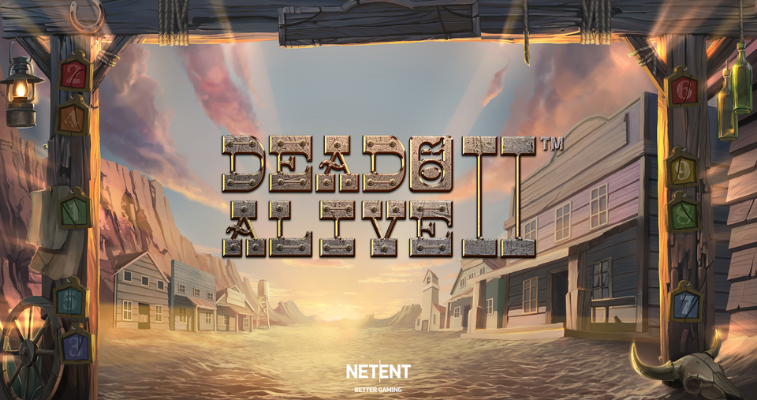西部の町を背景にした NetEnt の Dead or Alive 2 スロットのロゴ - Flush