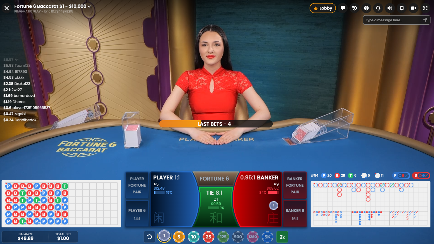 ベットフェーズ中のBankerベットを映したPragmatic PlayのFortune 6 Baccaratライブカジノのスクリーンショット - Flush