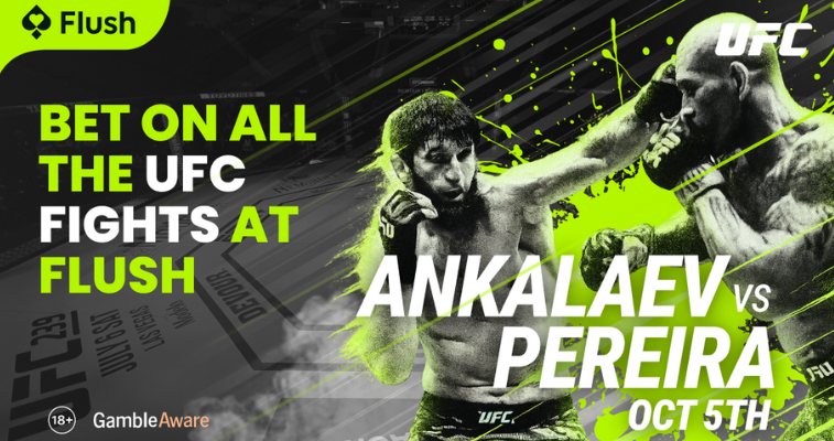 UFC の試合へのベットをファンに呼びかける、Ankalaev vs Pereira をフィーチャーした Flush Sportsbook の UFC プロモーションバナー
