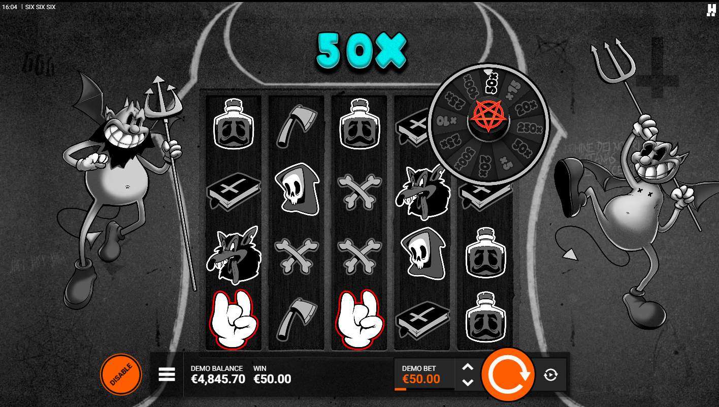 Hacksaw Gaming의 Six Six Six 슬롯의 Red Wicked Wheel 보너스 멀티플라이어 기능 - Flush.