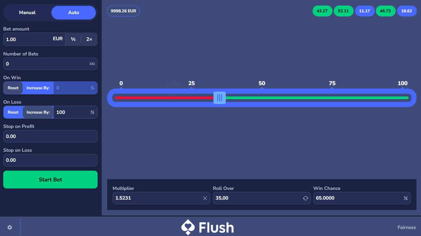 Flush CasinoのDiceのプレイ画面。プレイヤーが自由に調整できるベットパラメーターが表示されています。