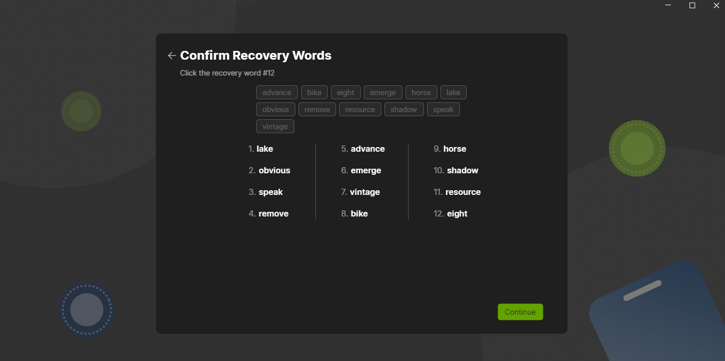 View of a 12-word seed phrase displayed during Wasabi Wallet's wallet generation process, emphasizing Bitcoin privacy - Flush