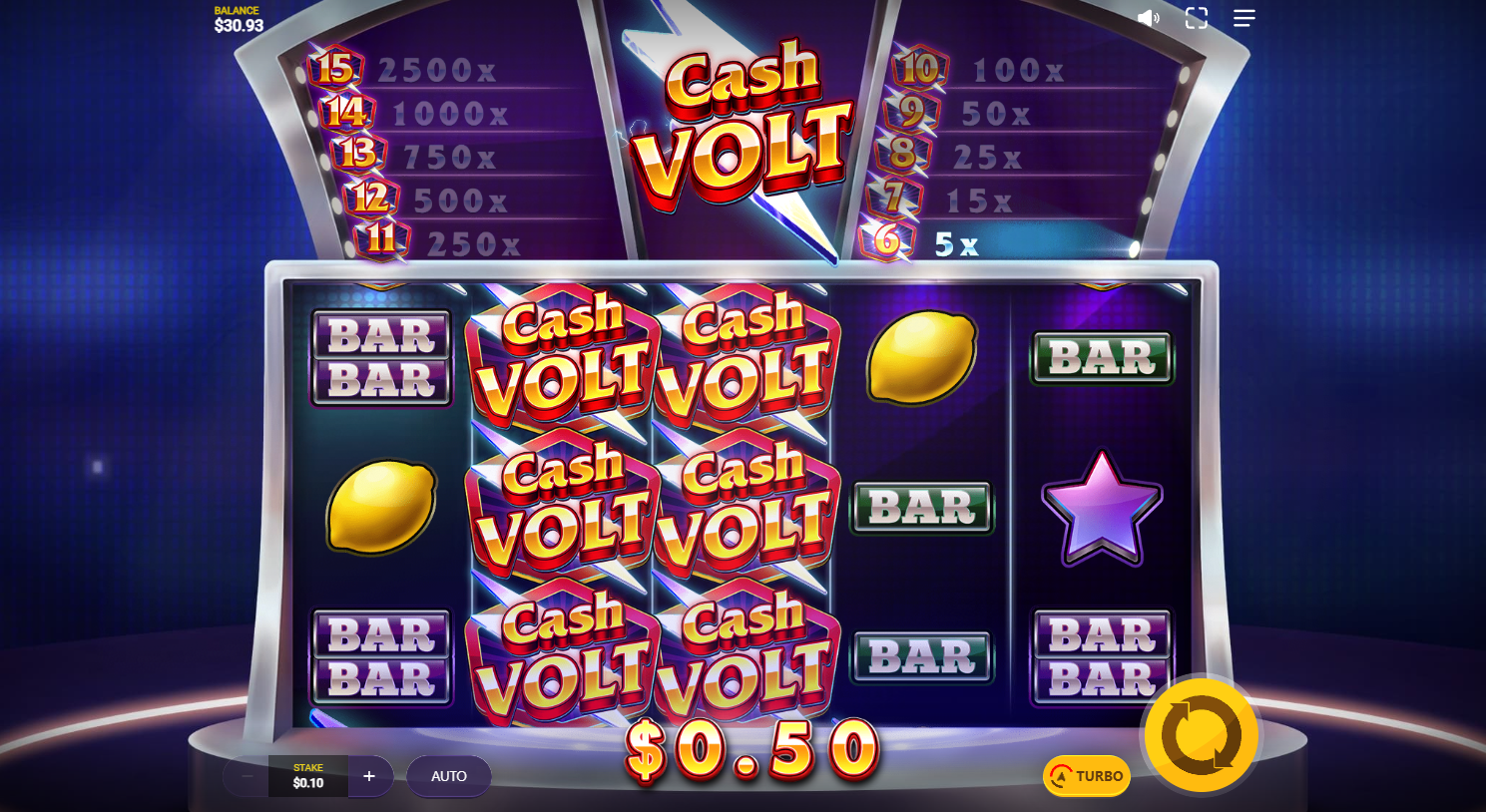 여러 개의 Cash Volt 심볼이 화면에 표시된 Cash Volt 슬롯 잭팟, Red Tiger, Flush