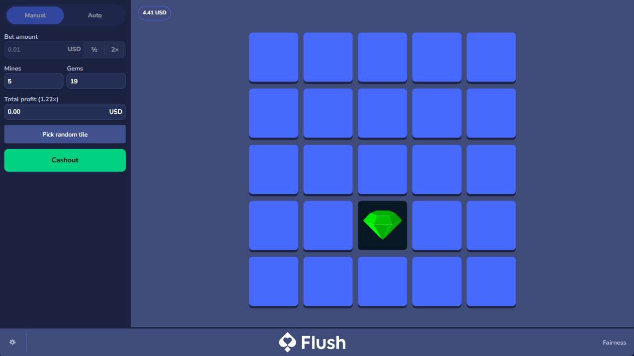 暗号資産Minesギャンブル、ダイヤモンド1個で勝利したライブゲーム画面 - Flush Originals