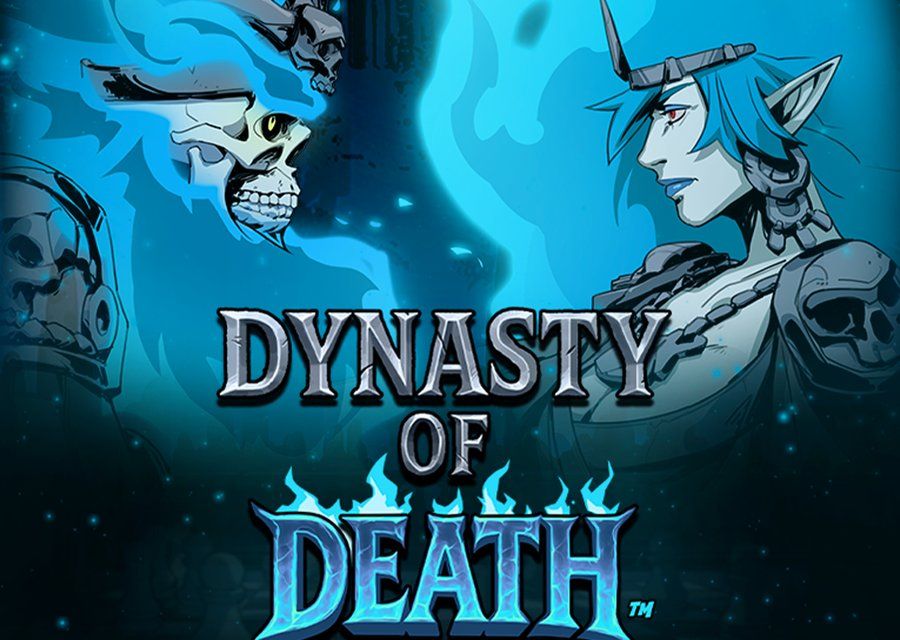 Dynasty of Death official artwork by Hacksaw Gaming featuring the central character flanked by skull motifs and the title logo