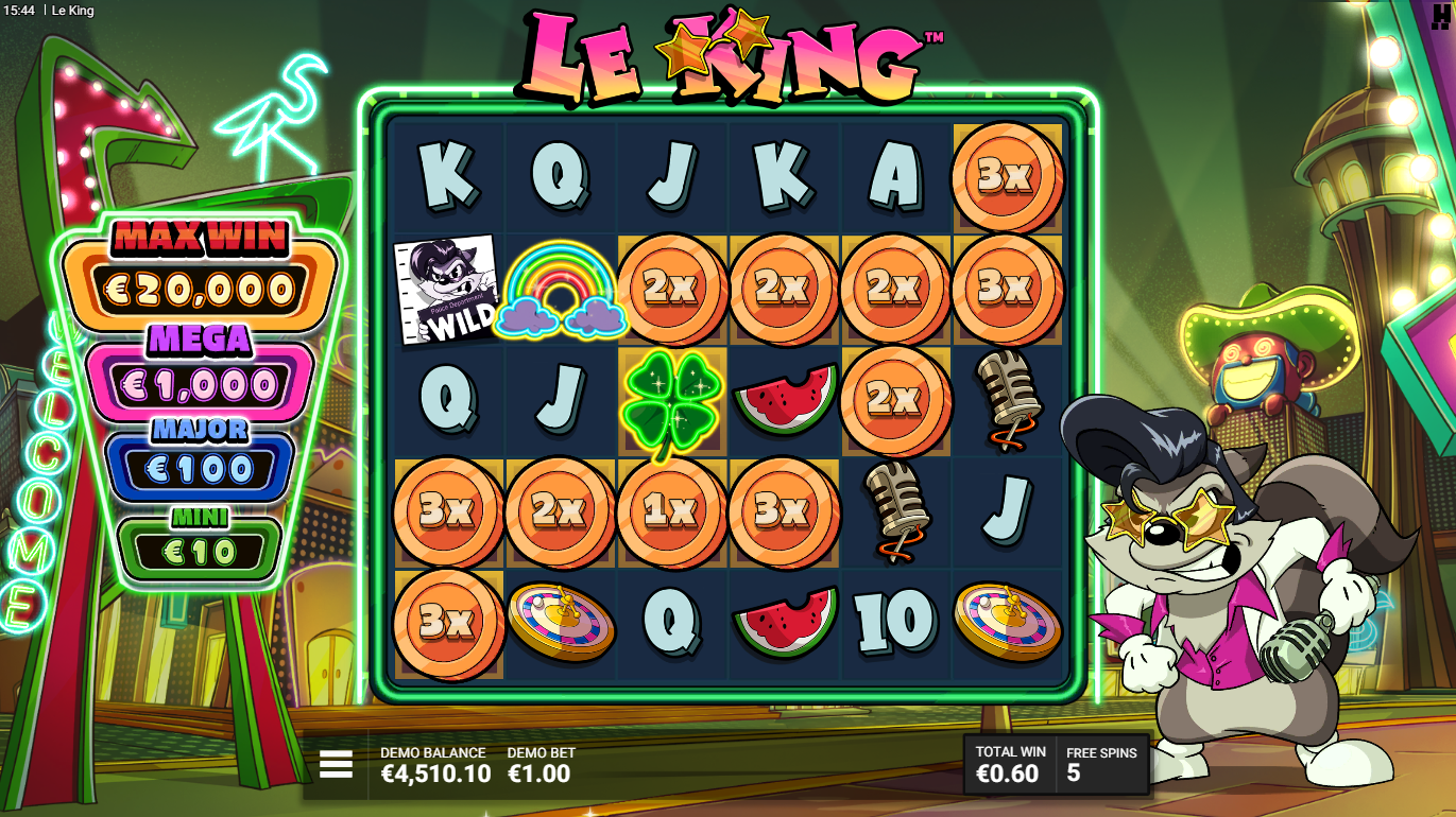 Hacksaw GamingのLe KingスロットのSpin Cityボーナス、ゴールデンスクエアとマルチプライヤーコイン, Flush